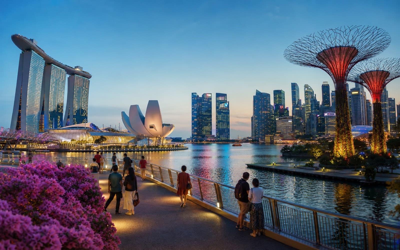 Singapore Marina Bay waterfront and Gardens by the Bay at blue hour