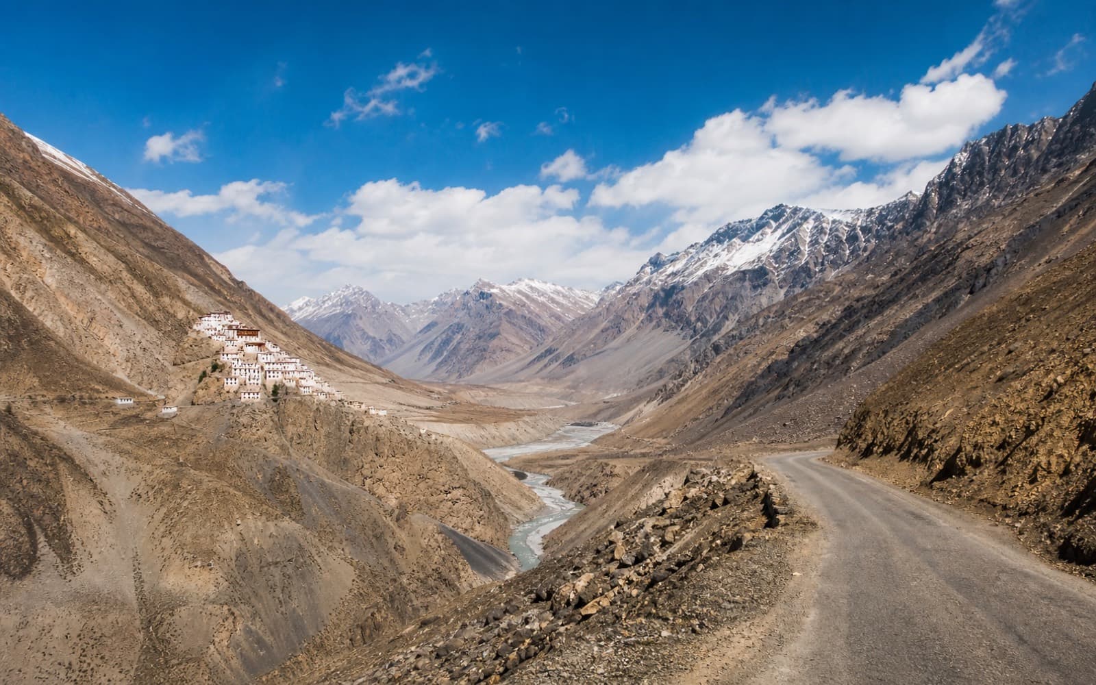 High mountain road cutting through Spiti Valley's cold desert landscape