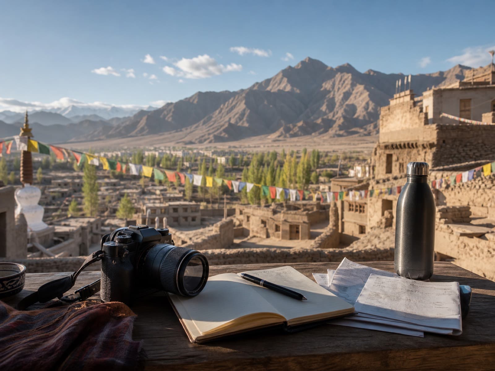 Camera, notebook and water bottle on a Leh terrace for a Ladakh acclimatisation filming day