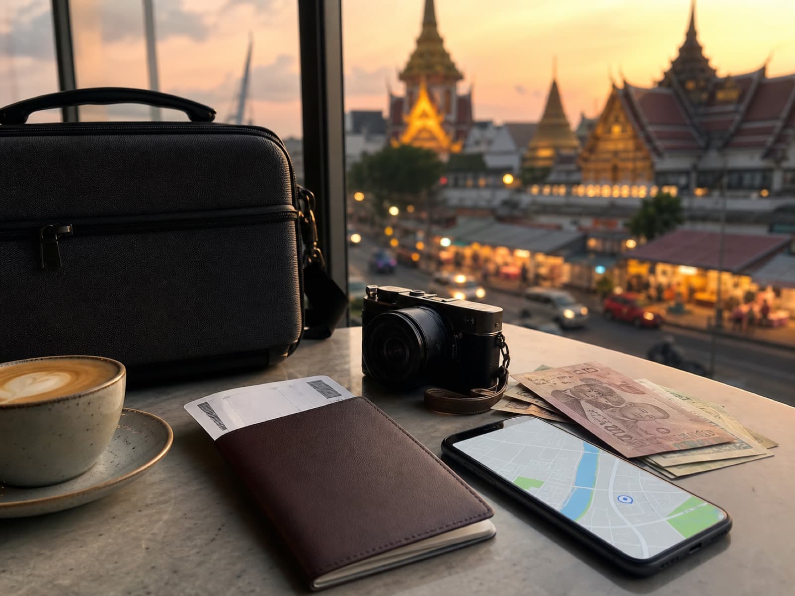 First international trip filming kit with passport, camera, cash and Bangkok temple lights