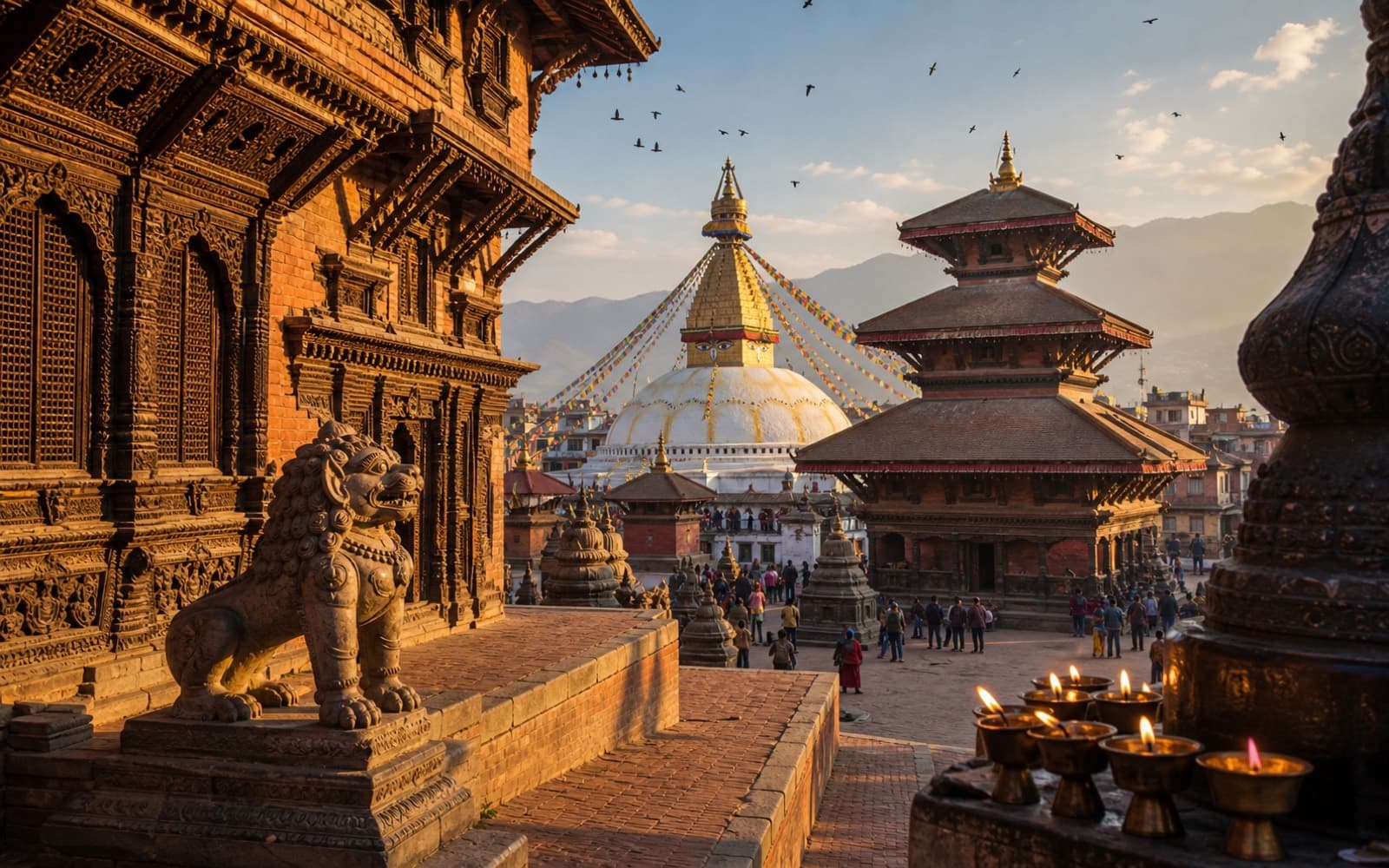 Kathmandu Valley temple square with carved wood, stupa and butter lamps