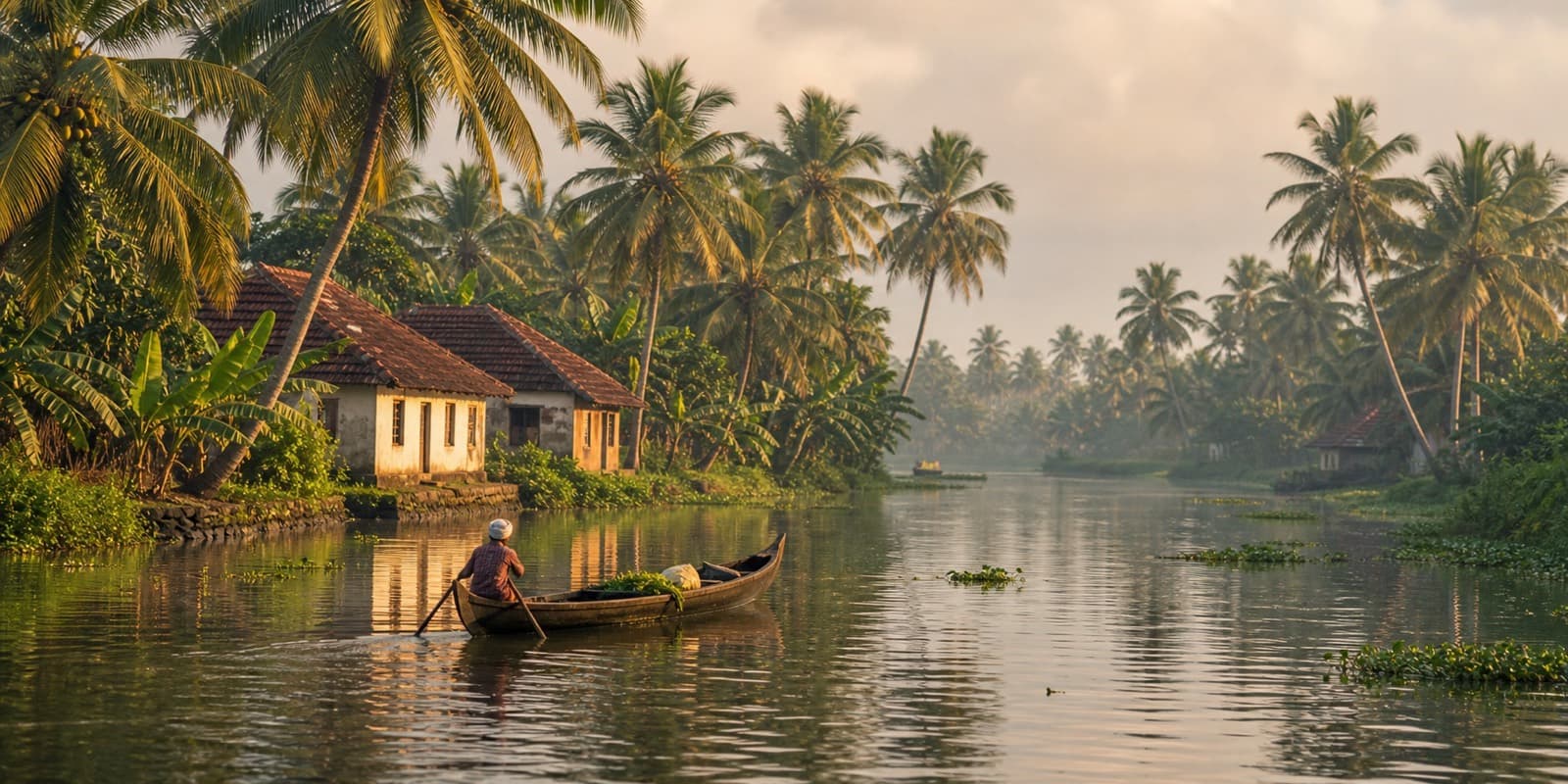 Kerala backwaters with coconut palms and a small wooden boat