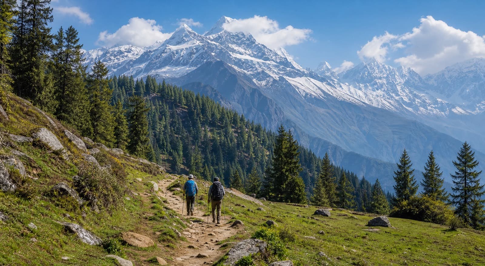 A traveller walking a quiet mountain trail, away from the city