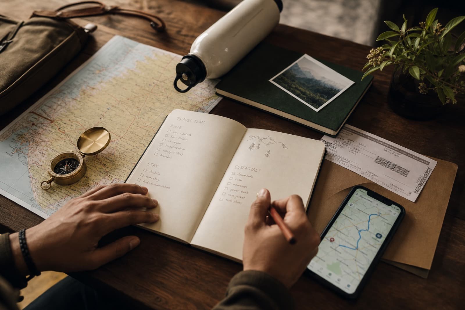 Notebook, map, compass and phone arranged for Indian travel planning